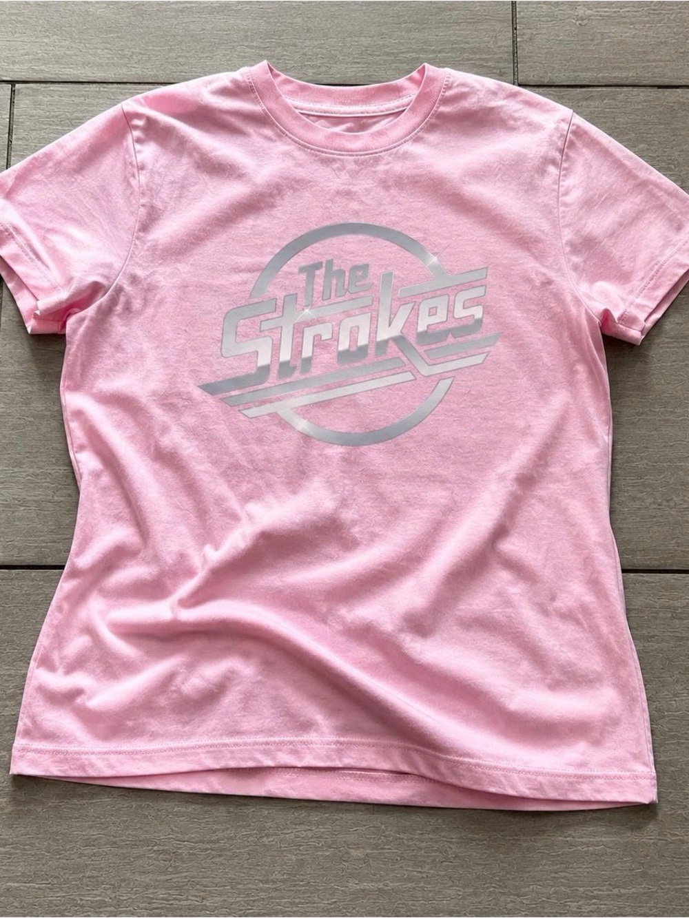 Gildan Pink Crop Tee with Silver 'The Strokes' Logo